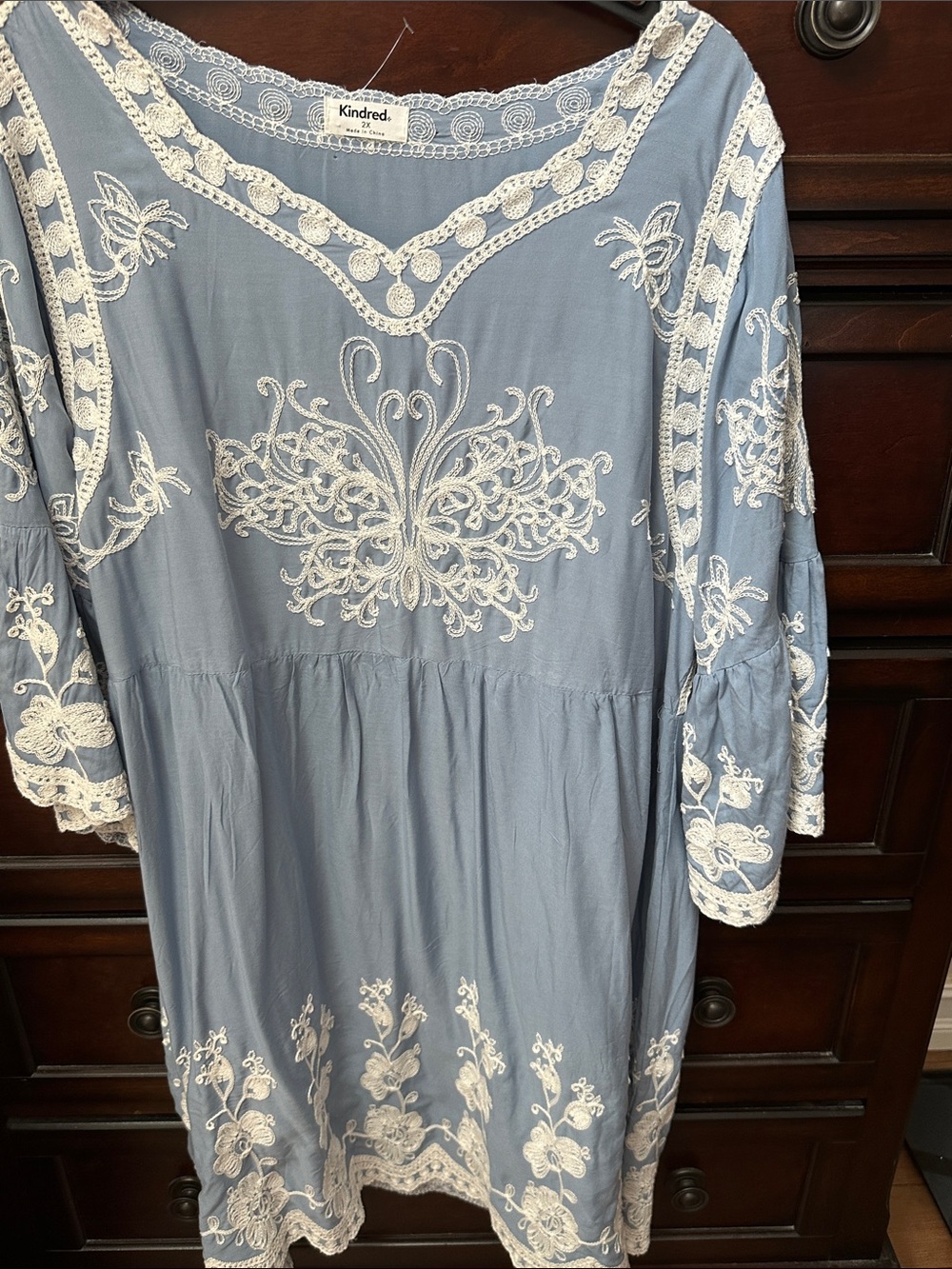 Kindred Spirits Ivory-Embroidered Dusty Blue Midi Dress